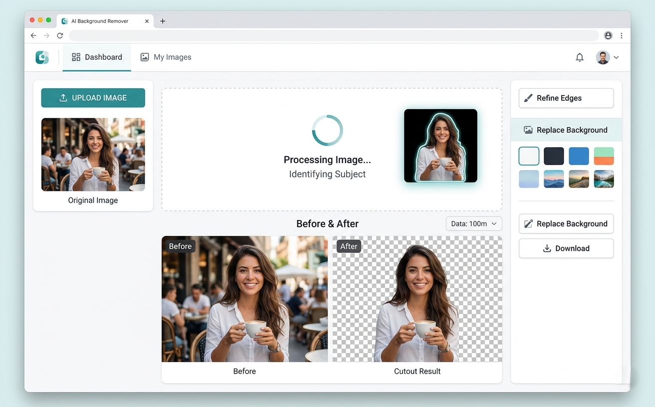 Background Remover tool interface showing an image before and after background removal